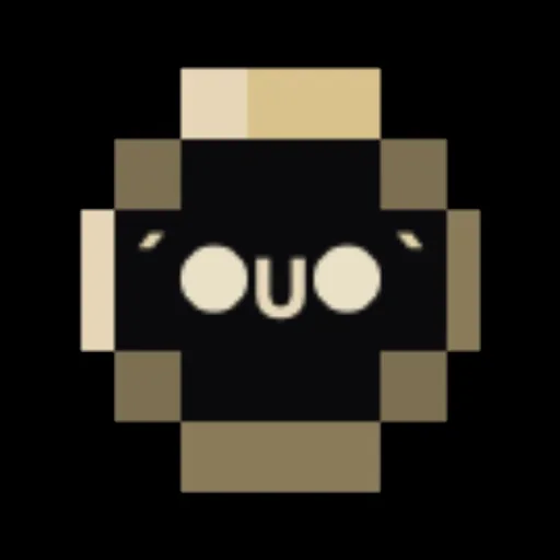 The same character reduced to a blocky eight-by-three grid of gold and cream cells, with two round eyes, a small mouth and two lash strokes